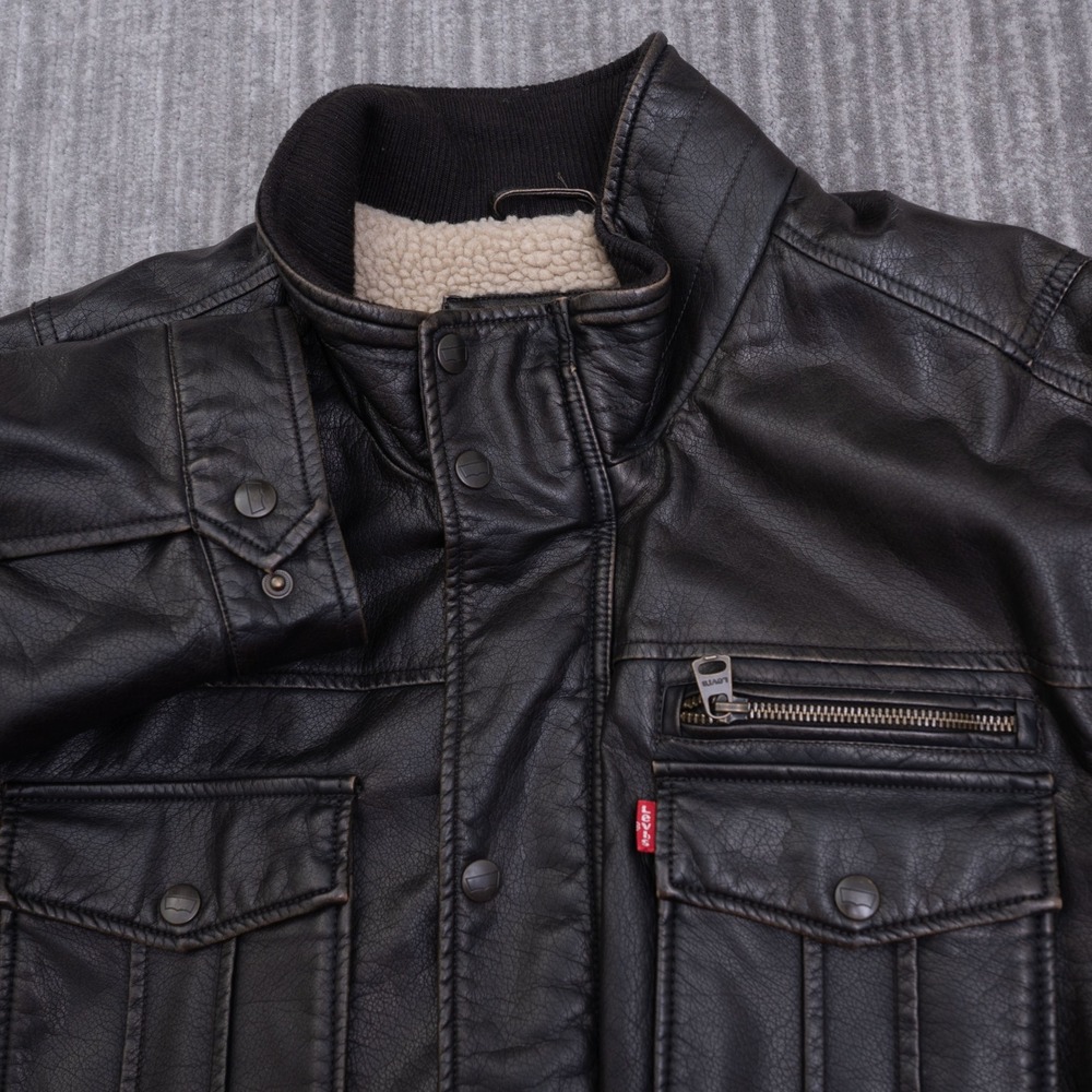 Levis Mens Faux Leather Sherpa Lined Field Jacket Brown XL Mock Neck Peeling